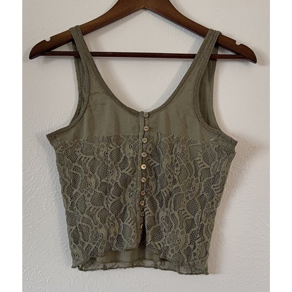 Free People Lace Tank Top M Reversible Olive Green Button Front Boho Crop - Picture 3 of 8